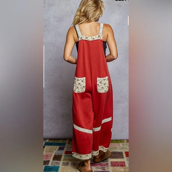 Pol Red Wide-Leg Overalls with Floral Accents - Picture 3 of 3